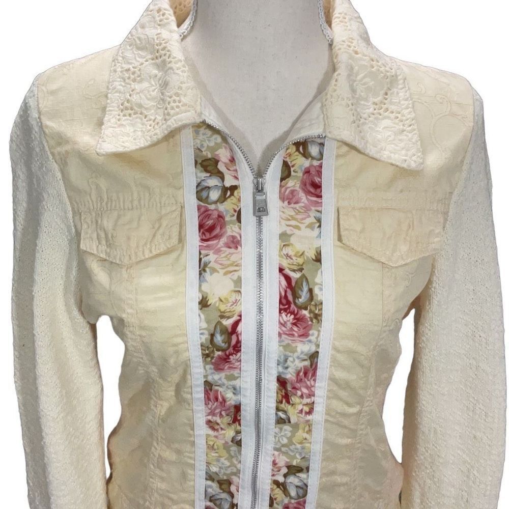 VTG Blue Willi’s Yellow Full Zip Floral Danish Design Collared Sweater Jacket Sm - Picture 2 of 9